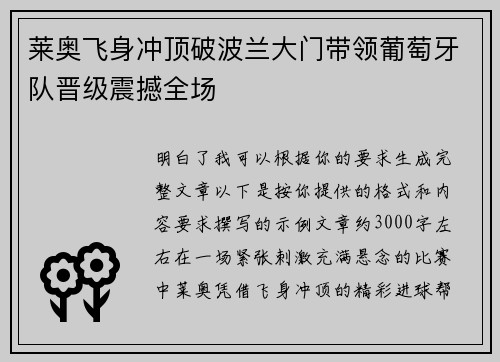 莱奥飞身冲顶破波兰大门带领葡萄牙队晋级震撼全场